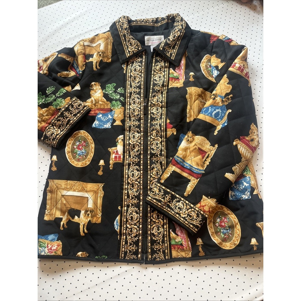 Vtg Victor Costa Occasion 100% Silk Quilted Dog Print Jacket Baroque Zip Small - Picture 4 of 14